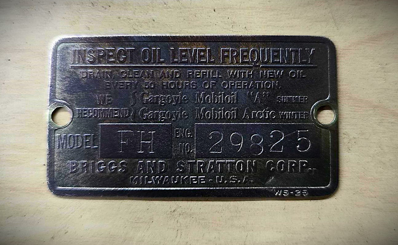 Antique Briggs Model FH Serial Tag 29825