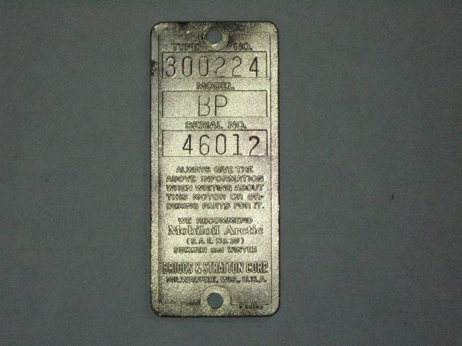 Antique Briggs Model BP Serial Tag 46012