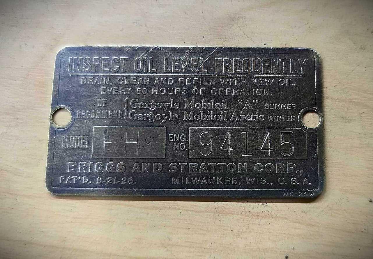 Antique Briggs Model FH Serial Tag 94145