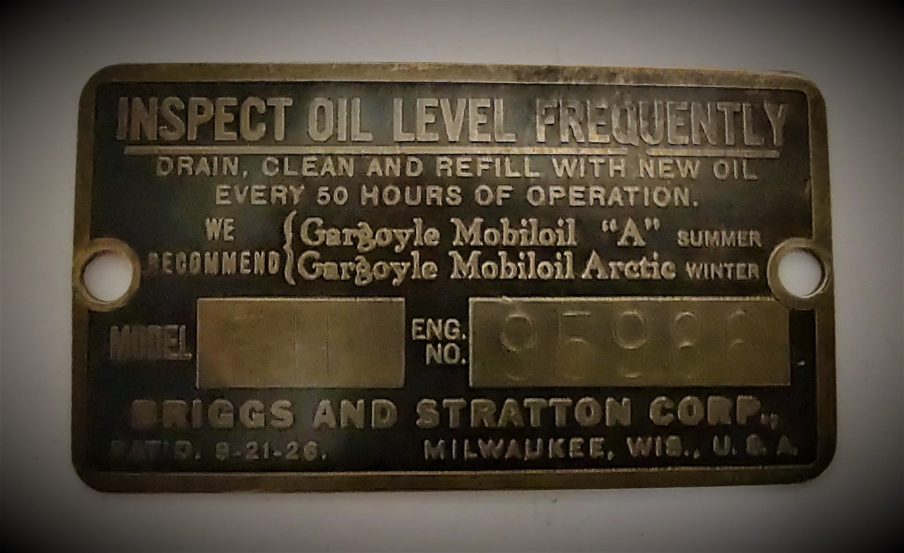 Antique Briggs Model FH Serial Tag 95986