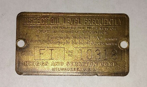 Antique Briggs Model FI Serial Tag 10318