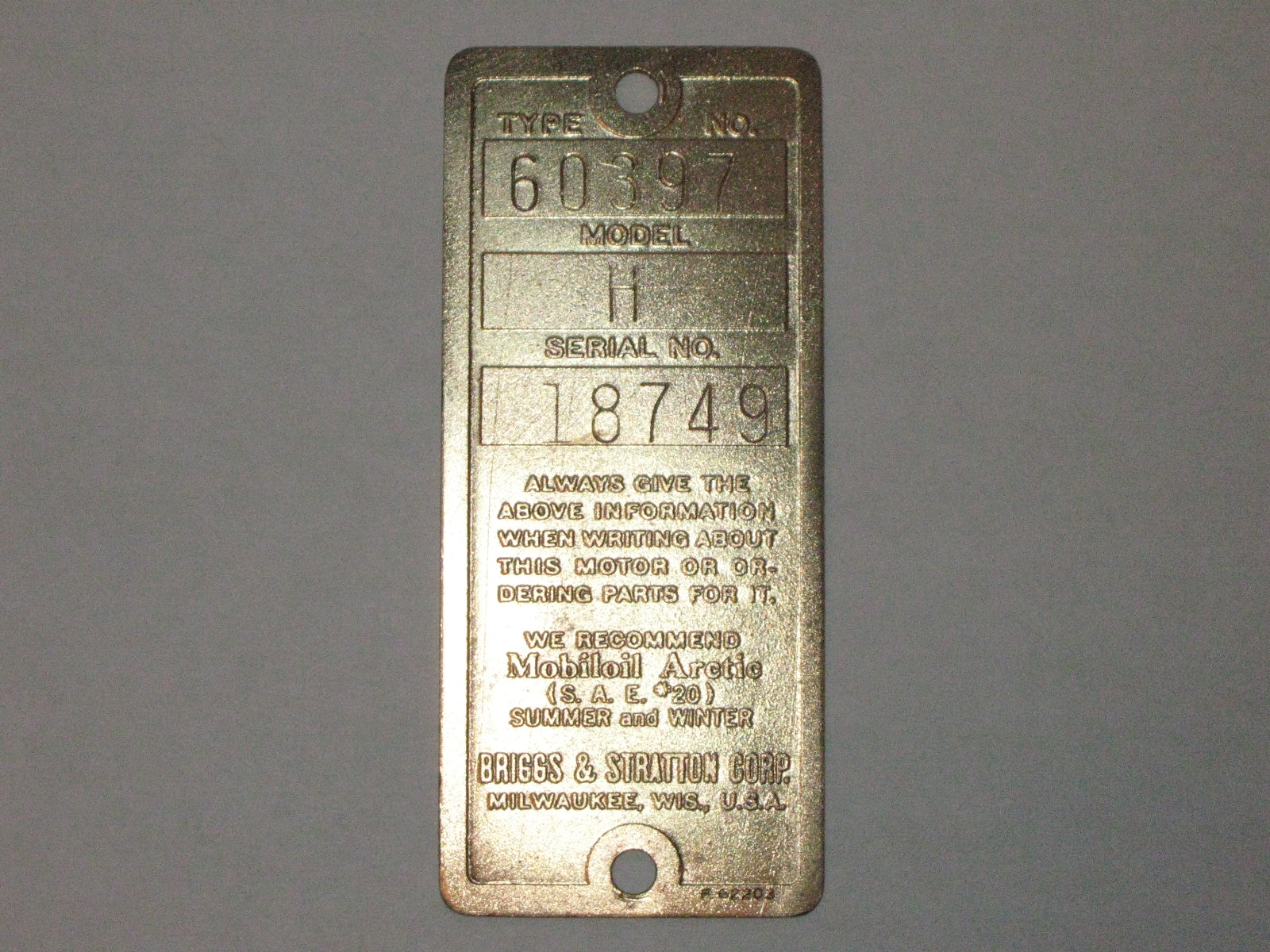 Antique Briggs Model H Serial Tag 18749