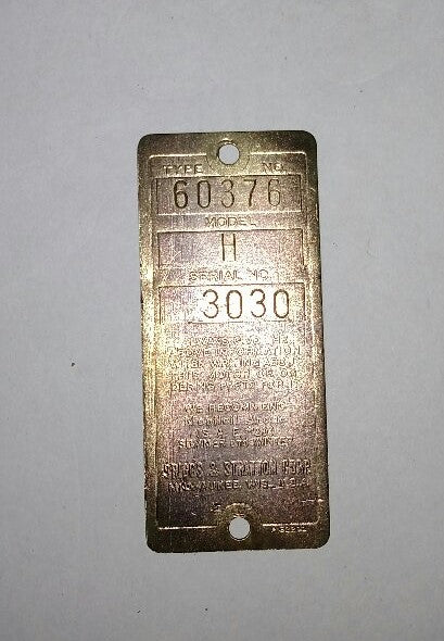 Antique Briggs Model H Serial Tag 3030