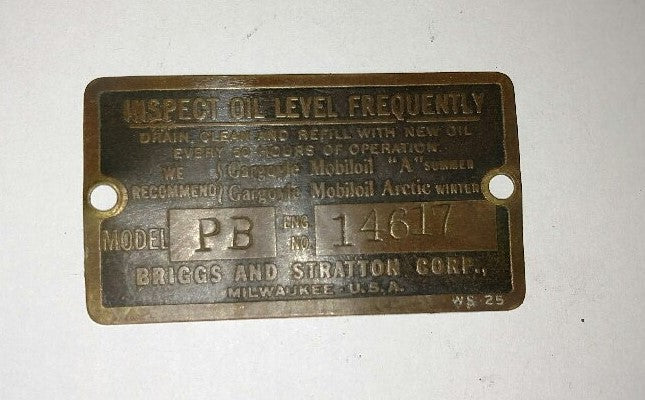 Antique Briggs Model PB Serial Tag 14617
