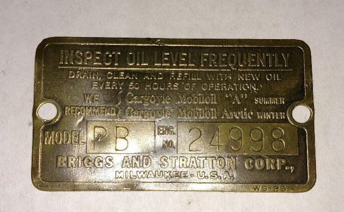 Antique Briggs Model PB Serial Tag 24998