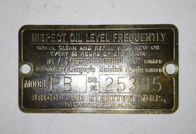 Antique Briggs Model PB Serial Tag 25335