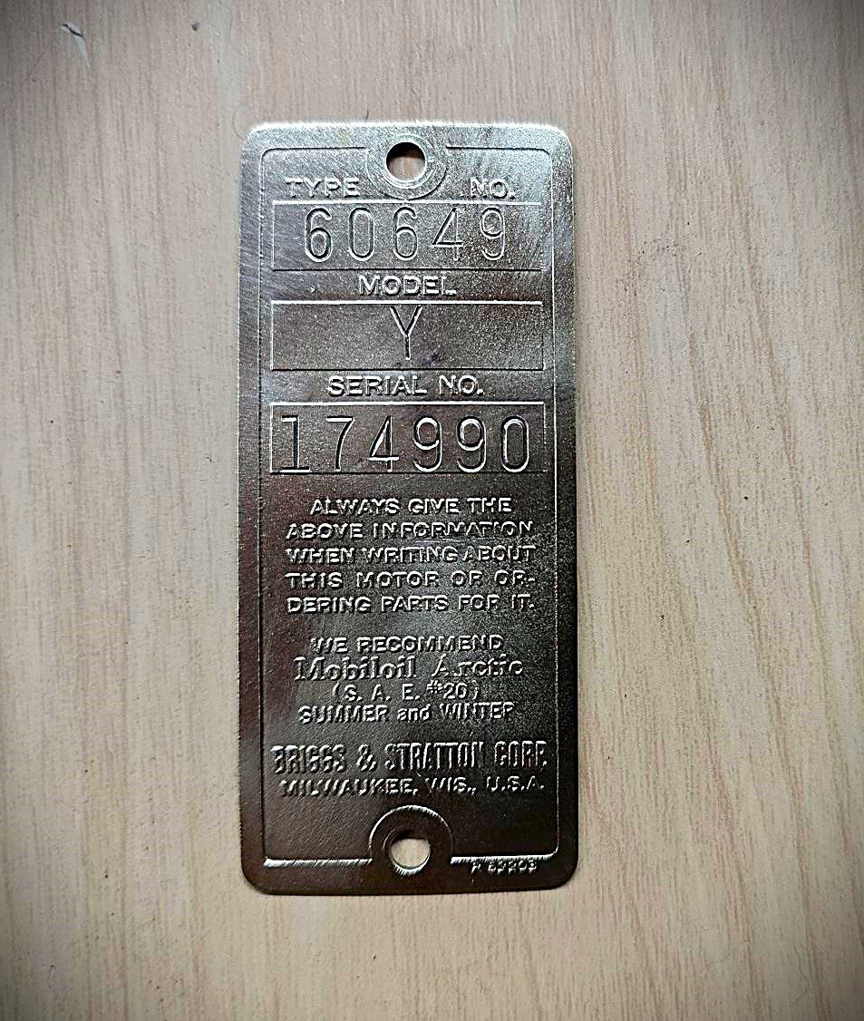Antique Briggs Model Y Serial Tag 174990