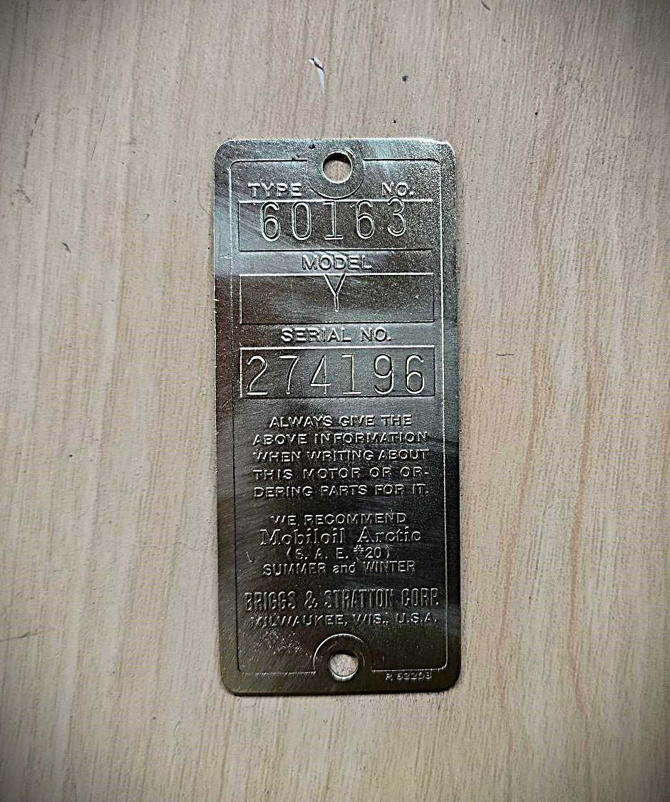 Antique Briggs Model Y Serial Tag 274196