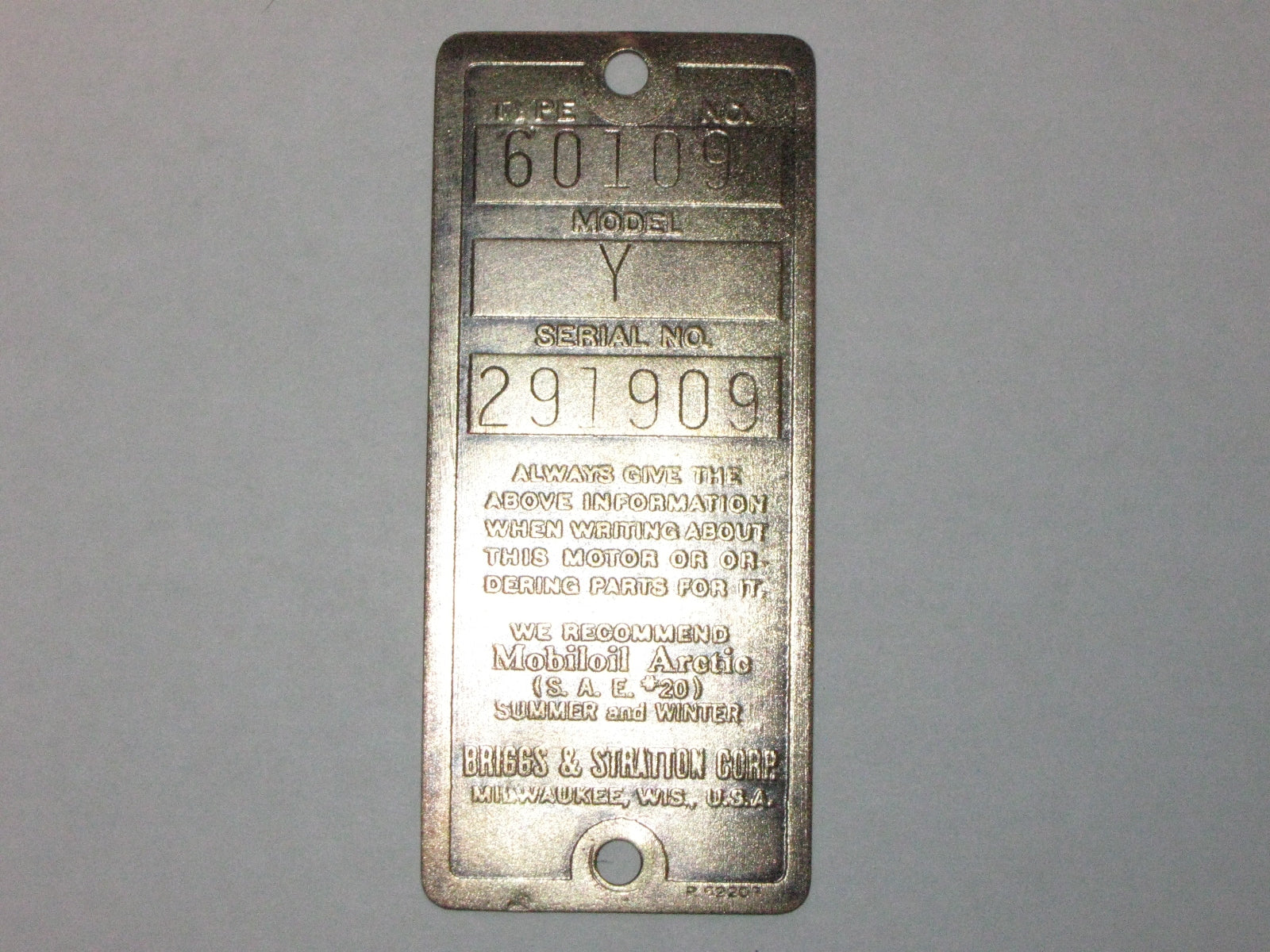 Antique Briggs Model Y Serial Tag 291909