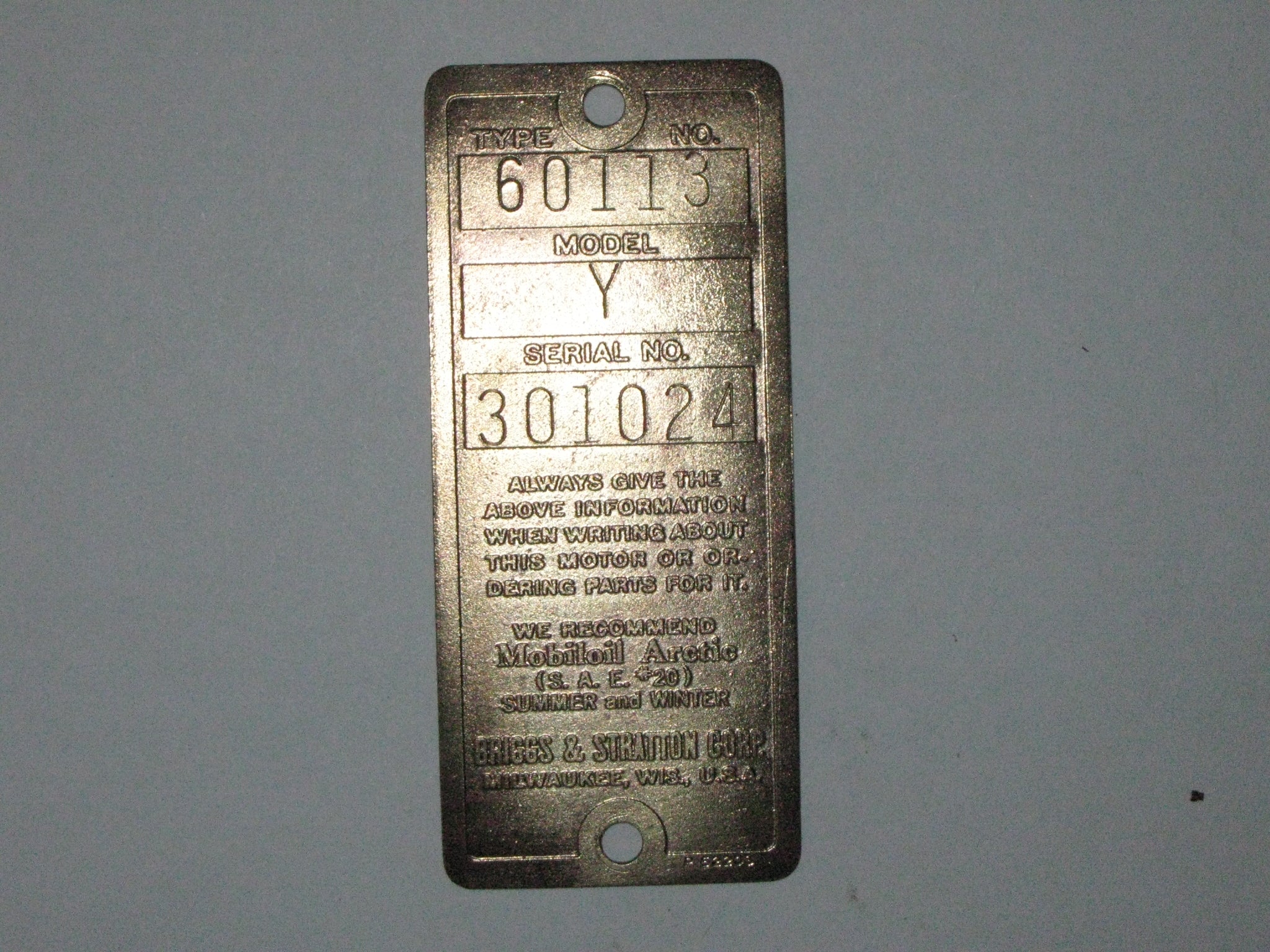 Antique Briggs Model Y Serial Tag 301024