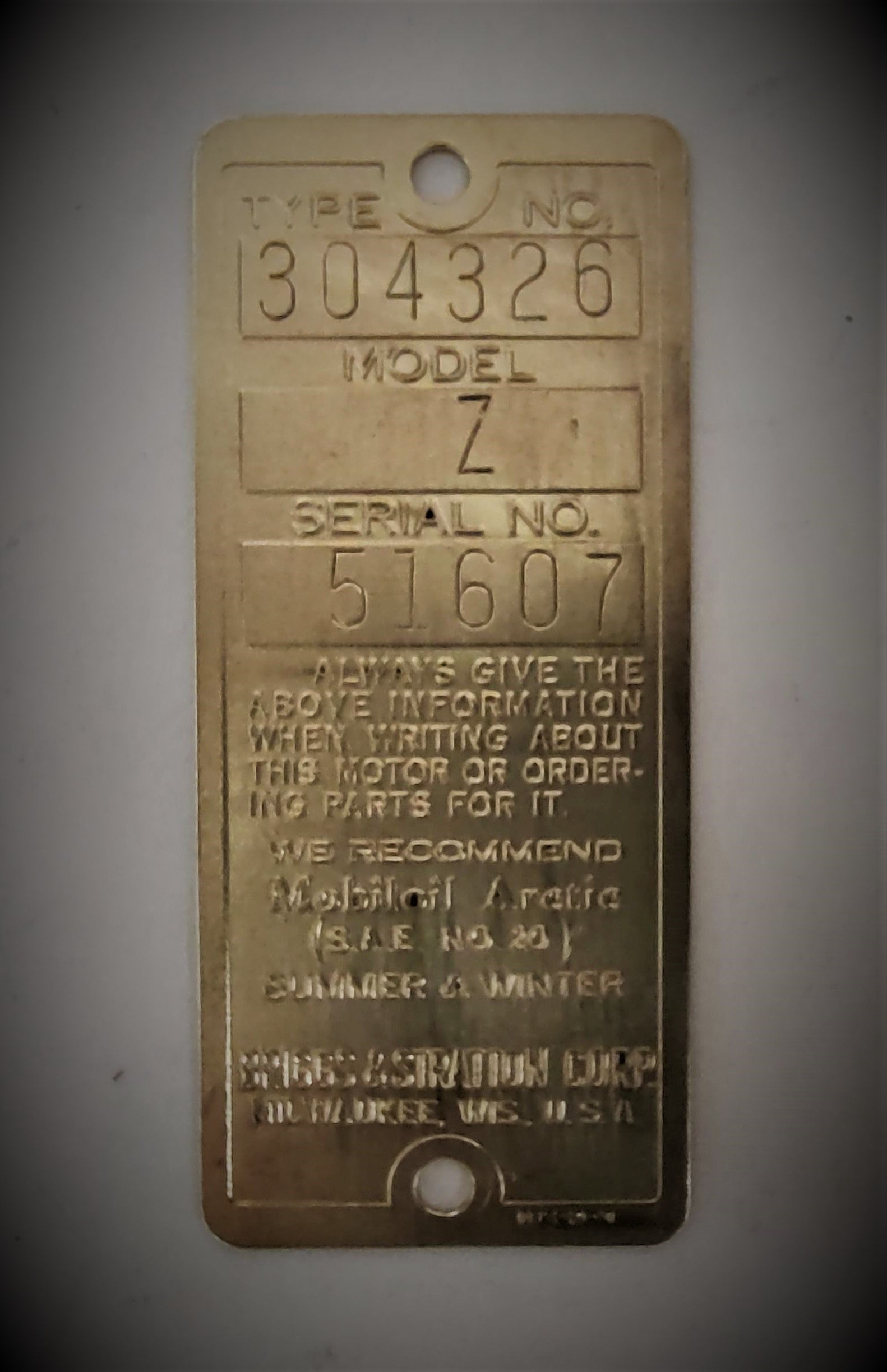 Antique Briggs Model Z Serial Tag 51607